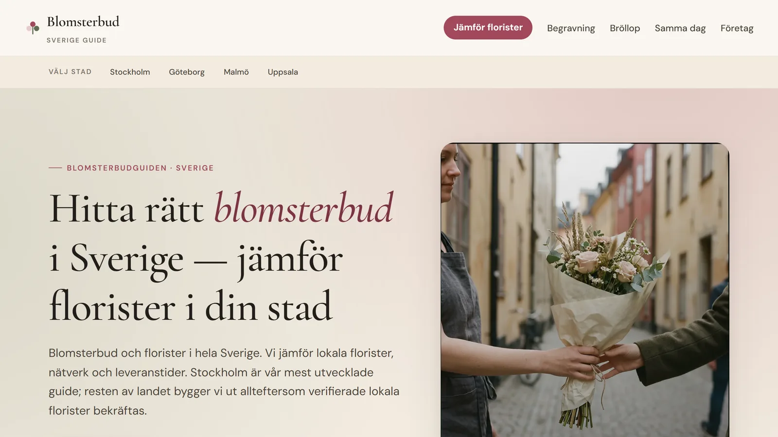 Blomsterbudguidens startsida med rubriken Hitta rätt blomsterbud i Sverige