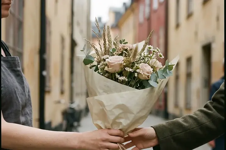 En florist räcker över en bukett på en stenlagd gata – bild från Blomsterbudguidens startsida
