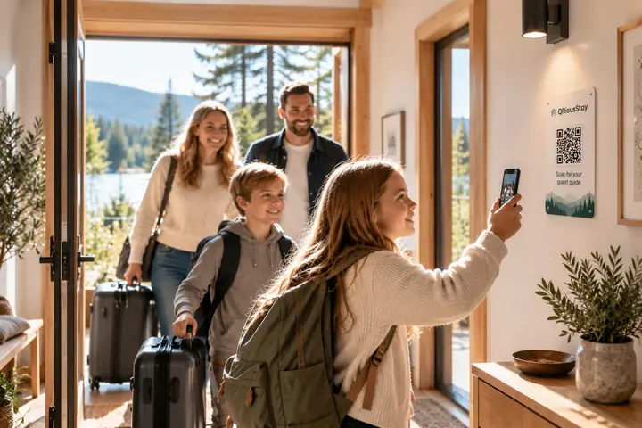 En familj kommer fram till ett fritidshus där en flicka skannar QRiousStays QR-skylt med mobilen