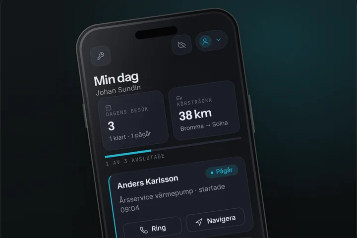 ServiceBuddys gränssnitt: översikt i webbappen och teknikerns dagsvy i mobilen