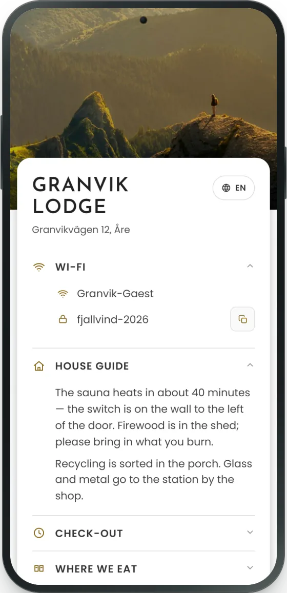 QRiousStays gästguide för Granvik Lodge i en mobil: wifi, husguide och utcheckning